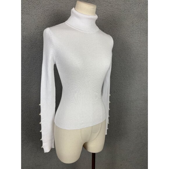 Hooked up by Iot Juniors' Turtleneck Sweater faux pearl trims White XS NWT's - Picture 2 of 8